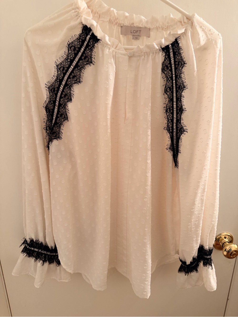 LOFT Cream Swiss Dot Blouse with Black Lace Accents